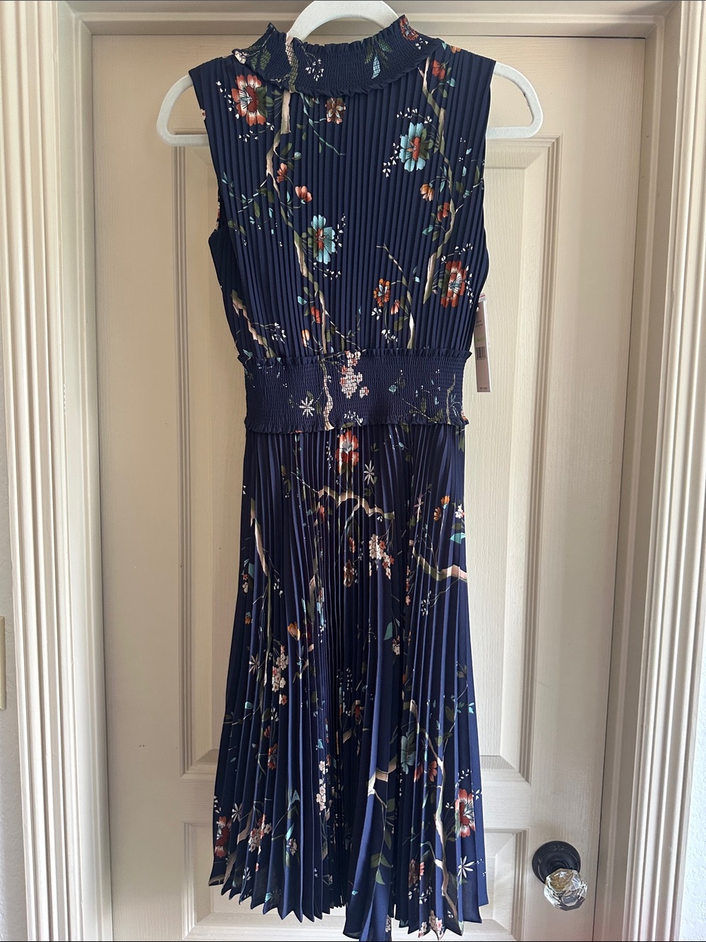 Nannette Navy Floral Pleated Midi Dress